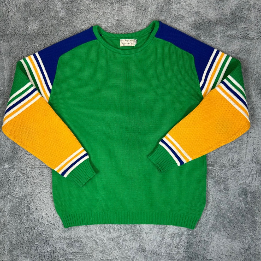 Vintage Style Build Cardinal Green Colorblock Varsity Knit Sweater Mens Medium
